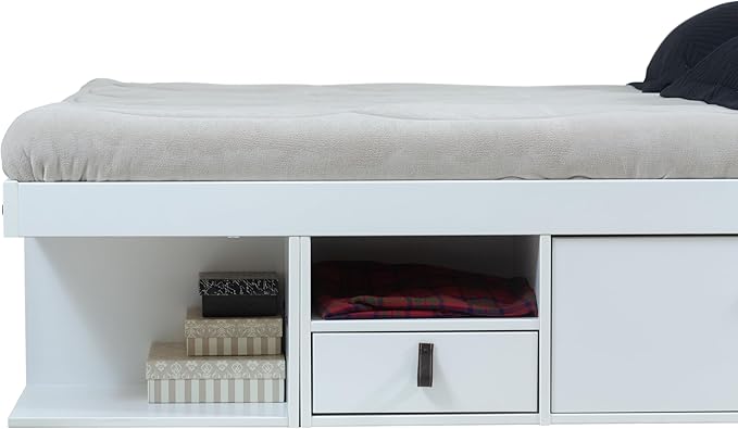 memomad Bali Slim Set: Storage Platform Bed with Drawers + Flat Panel Headboard (King Size, White Wood)