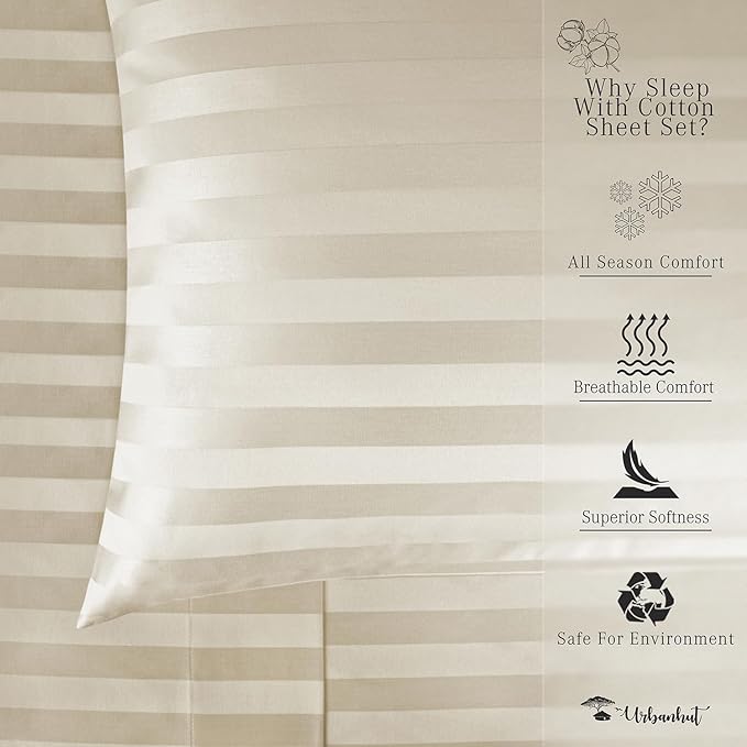 URBANHUT 800 Thread Count 100% Cotton Damask King Size Sheets, 4 Piece Striped King Size Bedsheets, Luxury Hotel Sheets Sateen Weave - Better Than Egyptian, 16" Elasticized Deep Pocket- Ivory