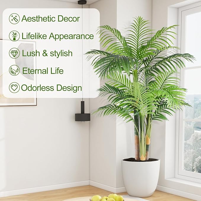5ft Tall Triple Golden Cane Palm Artificial Tree Large Tropical Palm Tree UV Resistant Fake Plant in Pot for Indoor Outdoor Big House Living Room Outside Patio Office Home Decor 2Pack