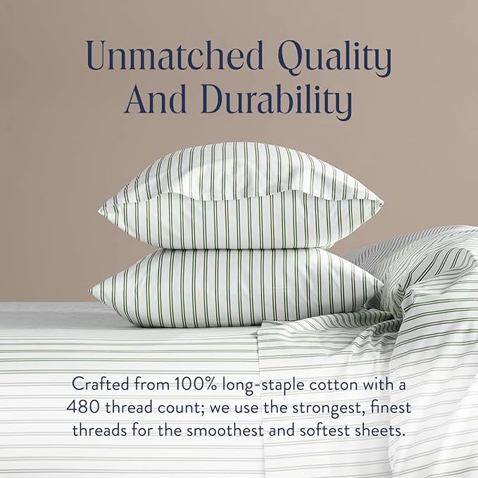 Brooklinen Luxury Sateen Duvet Cover - 100% Cotton, Twin/Twin XL Size in Green Tandem Stripe with Extra-Long Corner Ties and Button Closure - Best Twin/Twin XL Duvet Covers