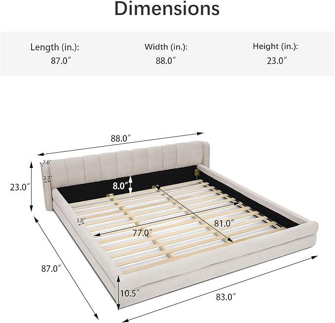 DEINPPA King Size Bed Frame with Cloud Soft Headboard, Chenille Upholstered Grounded Wood Base Bed Frame, No Box Spring Needed-Beige