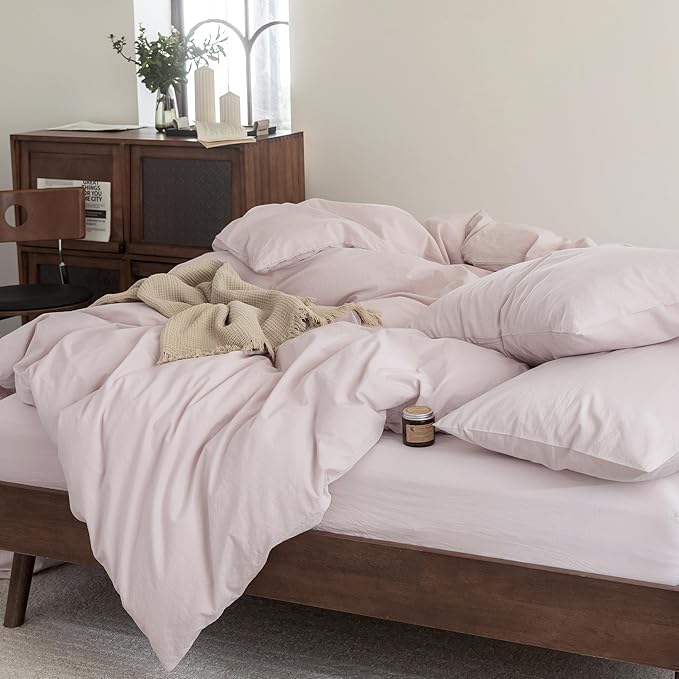 FOSSA Duvet Cover Set 100% Washed Cotton Linen Feel Super Soft Breathable Cozy 3 Pieces Bedding Sets Solid Greyish Pink Oversized King Plus