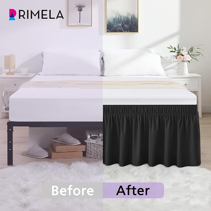 RIMELA Black King Size Bed Skirt 12 Inch Drop, Elastic Bed Skirts Cal King Dust Ruffle, Black Bedskirt for Adjustable Bed Base Solid Fade Resistant Silky Fabric Machine Washable Easy to Install