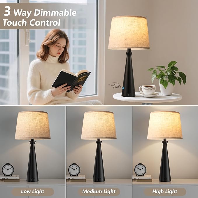 Seealle Modern Table Lamps Set of 2 - Touch Bedside Lamp for Nightstand with Dual USB C+A,3-Way Dimmable Black Nightstand Lamps for Living Room Bedroom End Table with Beige Shade(Bulb Included)