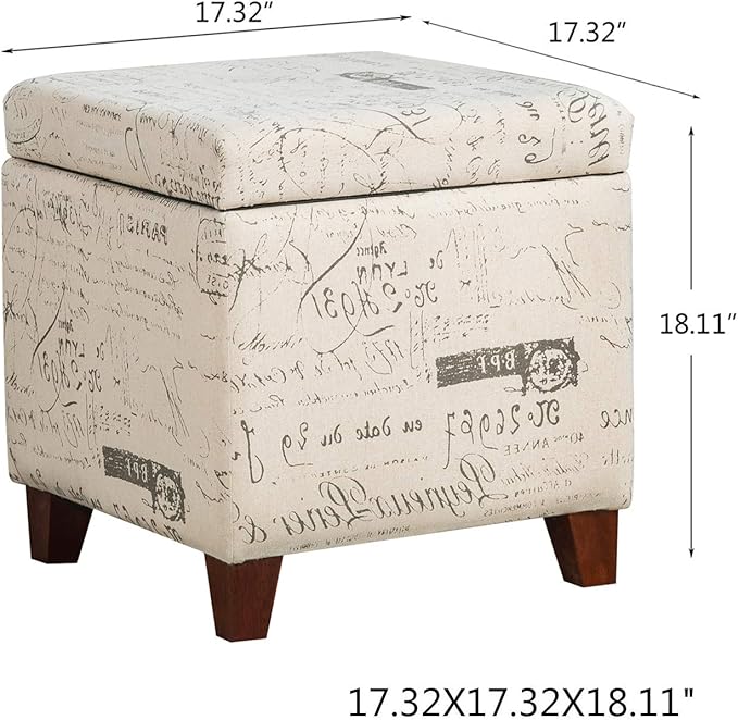 Adeco Fabric Script Pattern Cube Storage Footstool, Hinged Lid, Solid Wood Legs, 18" Height Ottomans & Storage Ottomans, Cream White