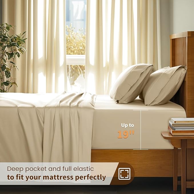 LBRO2M 100% Cotton Sheets Set Deep Pocket 19", 1000 Thread Count Full Size 4 Piece Bed Sheet Sets Soft Comfortable Bedding All Season (Full, Linen)