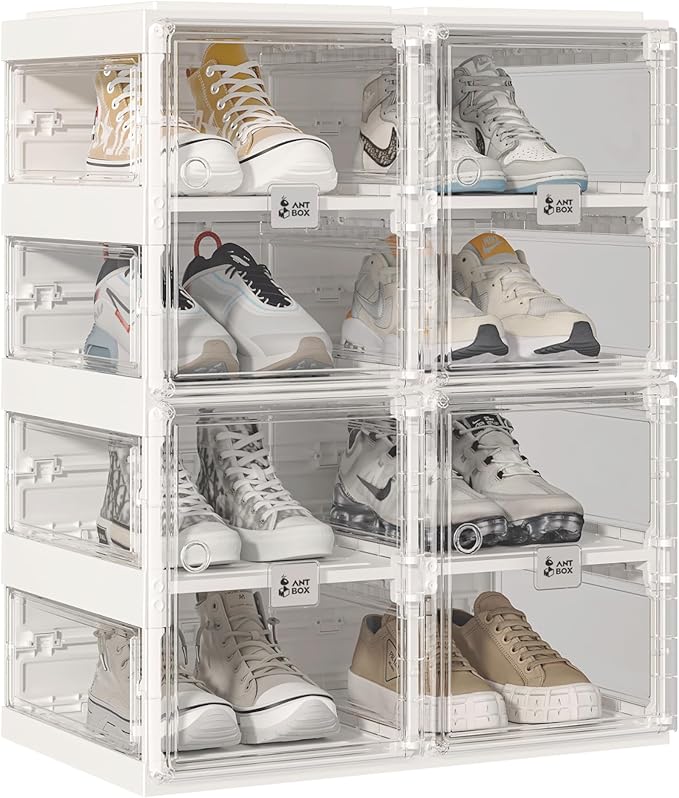 ANTBOX Foldable Shoe Rack,Shoe Organizers for Closet Plastic Shoe Storage Box Space Saving For Entryway, Large Sturdy Stackable Sneaker Cabinet Bins With Magnetic Clear Door 4 Tiers 8 Pairs