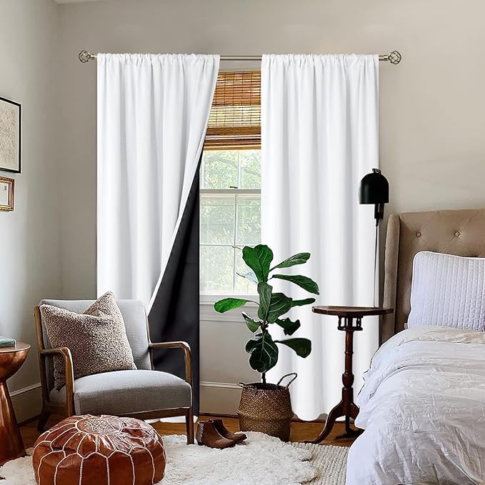 BGment Long White Blackout Curtains for Living Room 90 Inch Length 2 Panels Set, Full Room Darkening Thermal Insulated Rod Pocket Curtains with Black Liner, 46 Inch Wide, Pure White, 2 Panels