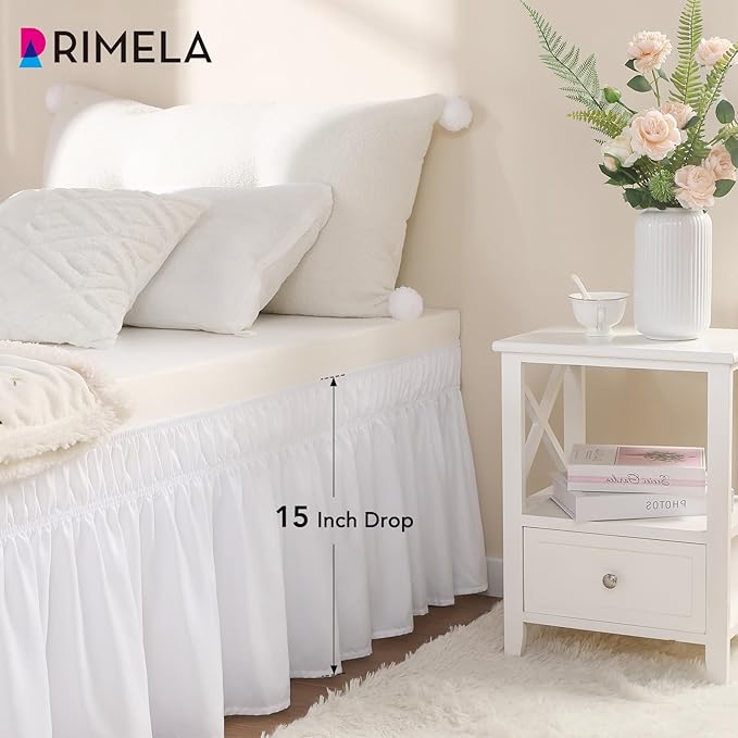 RIMELA White Bed Skirt Twin Size 15 Inch Drop, Elastic Bed Skirting for Bed Base and Frame, Bedding Dust Ruffle Easy to Install, Lightweight Wrap Around Adjustable Bedskirt