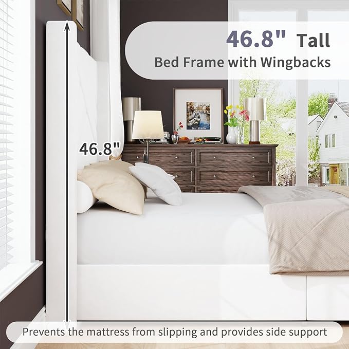 BarnFurin Queen Size Bed Frame, Velvet Upholstered Platform Bed with Geometric Tufted Headboard & Footboard, Wingback Design, Mattress Foundation with Wooden Slats, Cream White