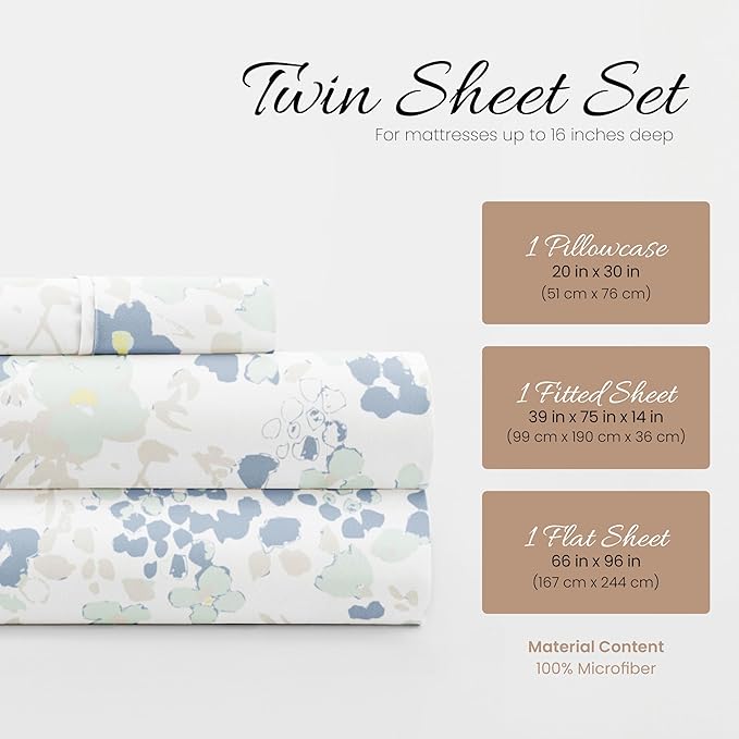 Linen Market Double-Brushed Patterned Microfiber Twin Sheet Set 3 Piece – Oeko-TEX Certified Ultra Soft & Wrinkle-Free - 16" Deep Pocket Sheets - Easy Care Twin Size - Violets Light Blue