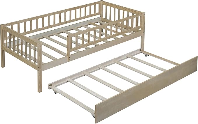 Bellemave Twin Bed Frames with Rails for Kids, Twin daybed Frame with Trundle for Boys/Girls/Adults， Natural