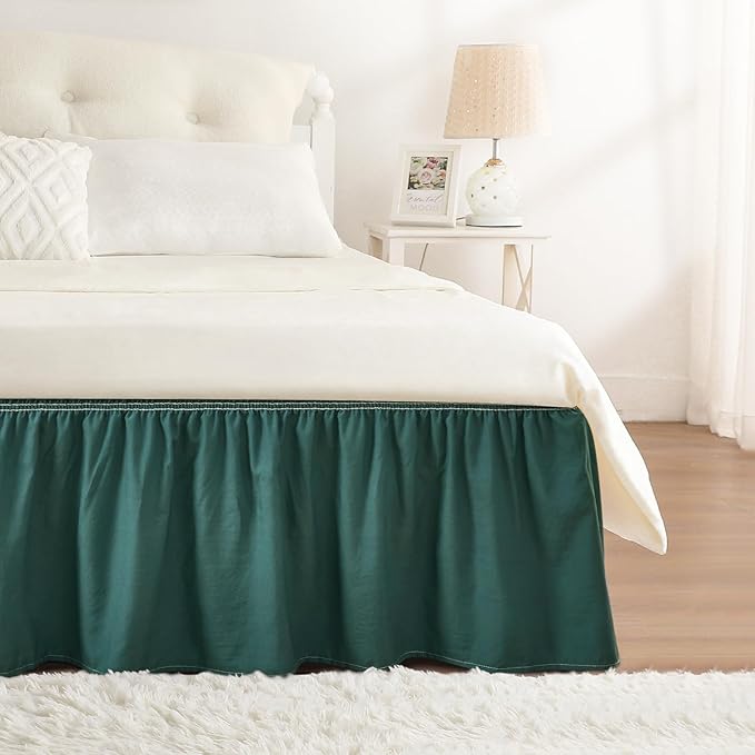 RIMELA Emerald Green Bed Skirt Queen Size 15 Inch Drop, Wrap Around Elastic Bedskirt, Dust Ruffle for Adjustable Bed Base Machine Washable Easy to Install Bed Skirts