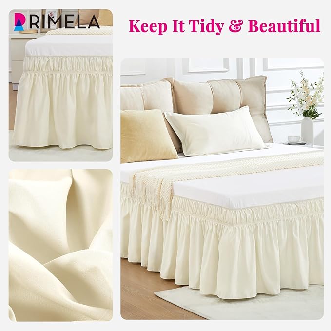 RIMELA Off White Bed Skirt King Size 15 Inch Drop, Elastic Bed Skirting for Bed Base and Frame, Bedding Dust Ruffle Easy to Install, Lightweight Wrap Around Adjustable Bedskirt