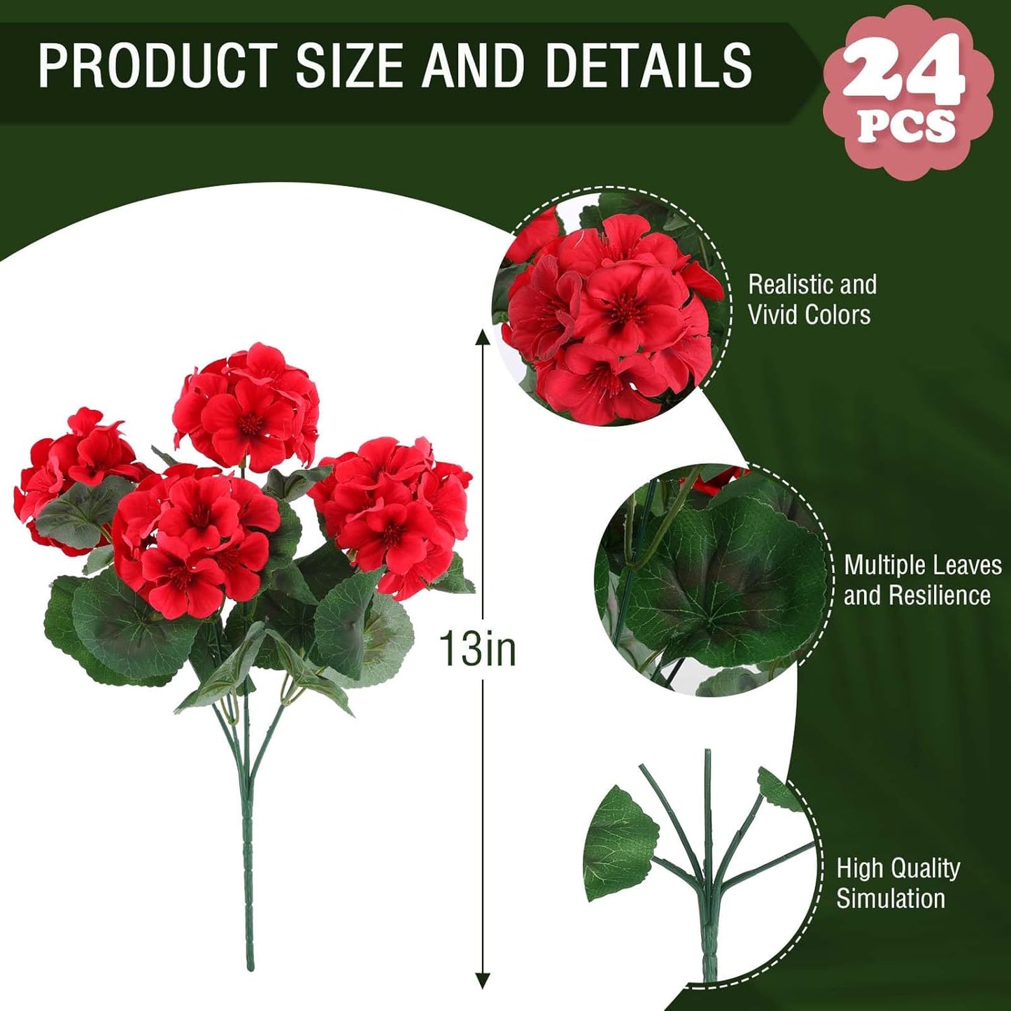 Hananona 24 Pcs Artificial Geranium Flowers for Outdoors Geranium Silk Flowers Outdoor UV Resistant Garden Plants Faux Flowers for Home Kitchen Table Centerpieces Decor (24, Red)