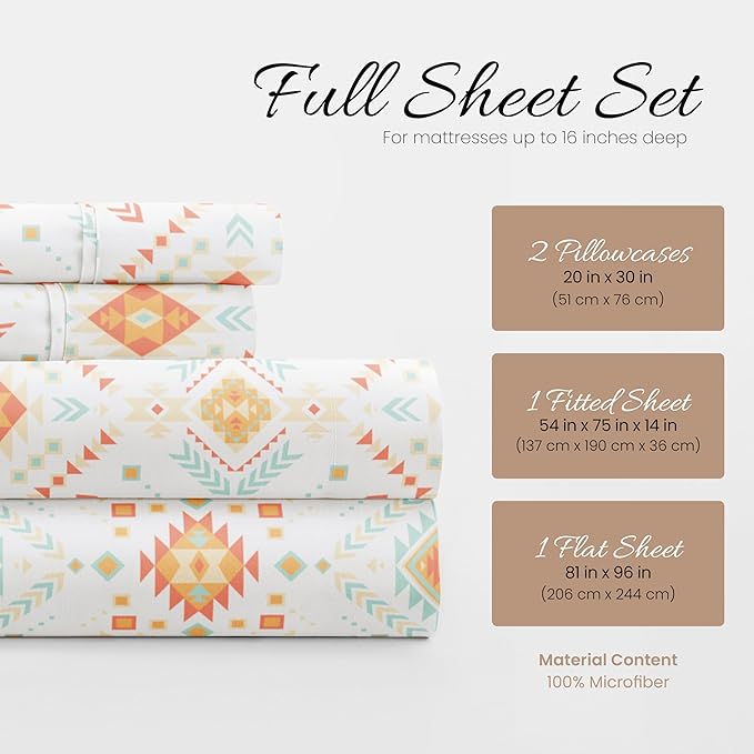 Linen Market Double-Brushed Patterned Microfiber Full Sheet Set 4 Piece – Oeko-TEX Certified Ultra Soft & Wrinkle-Free - 16" Deep Pocket Sheets - Easy Care Full Size - Aztec Dreams Coral