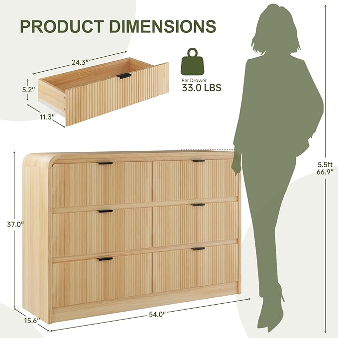 FURSUN Fluted 6 Drawers Dresser for Bedroom, 54" Wide Wooden Dresser with Metal Handle, Curved Profile Design, Modern Storage Organizer for Bedroom, Living Room, Hallway, Natural Oak