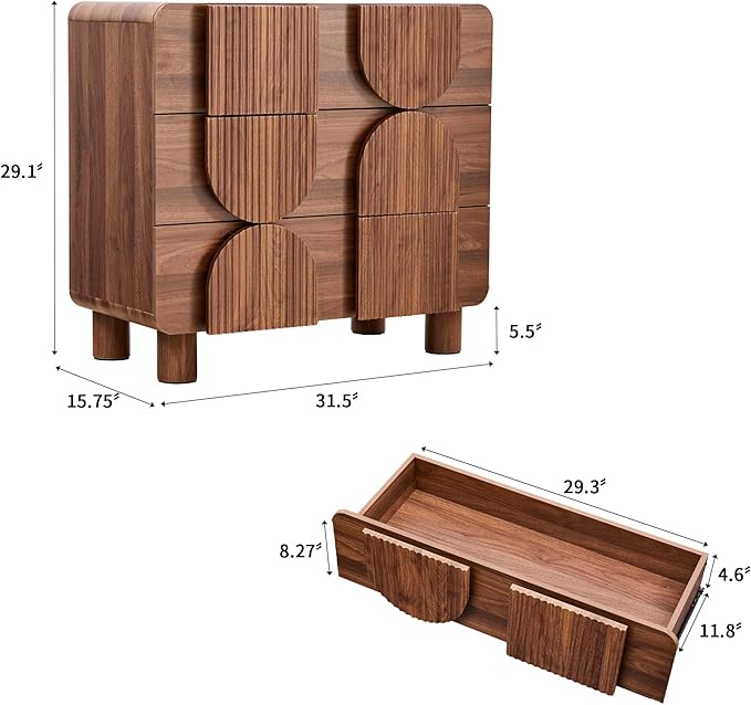 3 Drawer Dressers for Bedroom, 31.5" Wide Large Mid Century Modern Fluted Nightstand, Wood Dresser & Chest of Drawers with Curved Profile for Living Room, Entryway, Hallway, Walnut