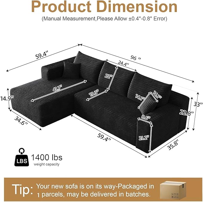 96" Sectional Couches for Living Room Modern Modular Sofa with L-Shape Couchs Upholstered Boneless Couch Deep Seat Sectional Couch with Chaise (Black, 96" Left Facing Chaise+2Seaters)