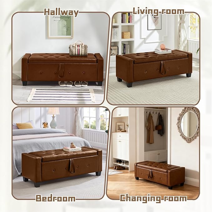 48” Storage Ottoman Bench, Upholstered Button-Tufted End of Bed Bench with Soft-Close Hinge & Solid Wood Legs, Foot Rest for Living Room, Bedroom, Hallway (Faux Leather, Brown)