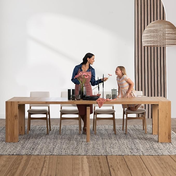 Transformer Table - Solid Wood Extendable Dining Table, Seats 2-12, Extendable Dining Room Table, Space-Saving Furniture, Expandable Dining Furniture (Natural, Table + 4 Chairs)