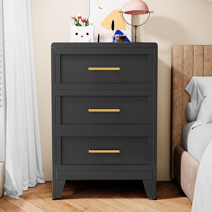 Metal Small Dresser for Bedroom, Black Dressers & Chest of Drawers, 3 Drawer Dresser with Curved Corner, Storage Cabinet for Living Room, Entryway, Home Office (Black, 24" W)