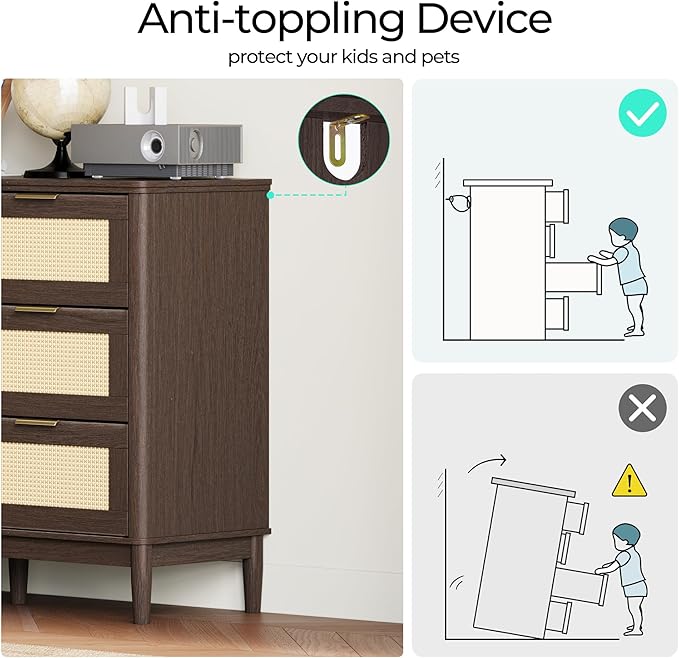 LINSY Rattan 9 Drawer Dresser for Bedroom, 58" Wide Mid-Century Modern Tall Chest of Drawers, Deep Storage Dresser with Curved Corner Design, Large Accent Wood Cabinet for Bedroom, Walnut