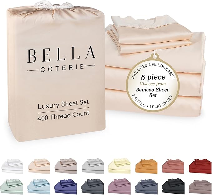 Bella Coterie Luxury Bamboo Viscose Split King Size Sheet Set | 2 Fitted Sheets for Sleep Number & Adjustable Beds | 100% Organically Grown | Cooling & Ultra Soft | 18” Deep Pocket [Champagne]