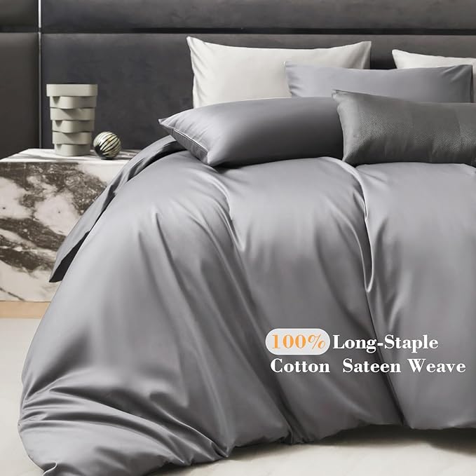 PURE ERA Duvet Cover Set 800 Thread Count Long Staple Cotton Sateen Silky Soft Luxurious Smooth 3 Piece Set Solid Deep Grey Queen