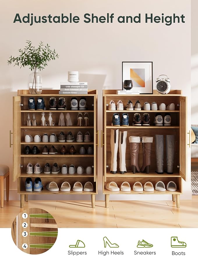 6-Tier Shoe Storage Cabinet with 2 Slatted Doors, Large Wooden Shoe Cabinet with Gold Handle, Hidden Entryway Shoe Organizer for Hallway, Foyer, Natural Oak
