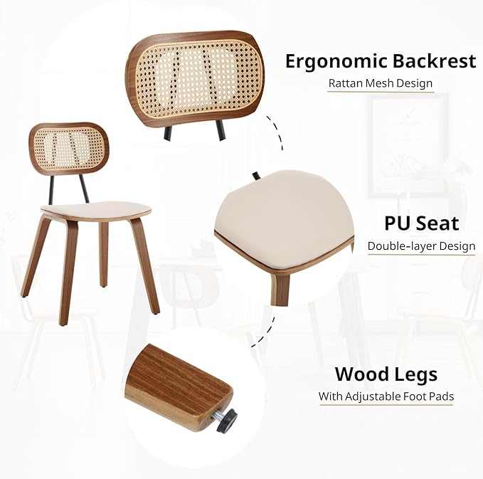 HEAH-YO Modern Dining Chairs Set of 4, Upholstered Faux Leather Dining Room Chairs with Rattan Backrest and Wood Legs, Armless Wood Kitchen Chairs for Dining Room, Beige