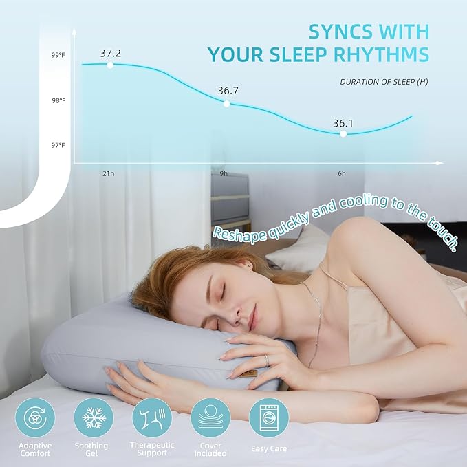 SAPHREAS Cooling Gel Memory Foam Pillow for Side, Back and Stomach Sleepers, Standard Size Cool Bed Pillow for Sleeping, Removable & Machine Washable, Light Grey