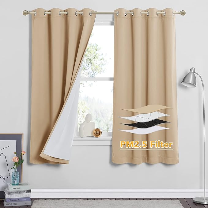 RYB HOME Particle Filtering Curtains Total Blackout Noise Reducing Window Treatment Dust Filter Thermal Insulated Drapes for Studio Laundry Room Furance, Biscotti Beige, W52 x L63 inch, 2 Panel