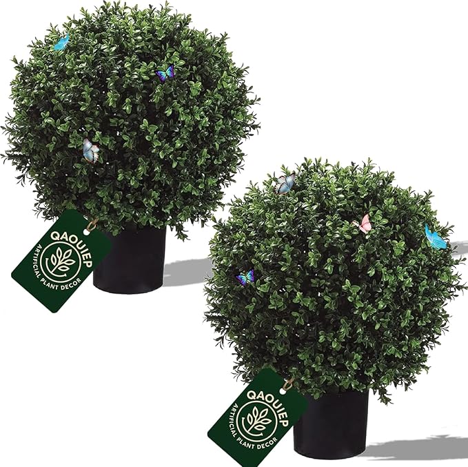 26" H x 18" W Artificial Boxwood Topiary Ball – Realistic UV-Resistant Artificial Shrub with Weighted Pot, Set of 2 – Indoor/Outdoor Year-Round Green Décor for Porch, Garden, Patio
