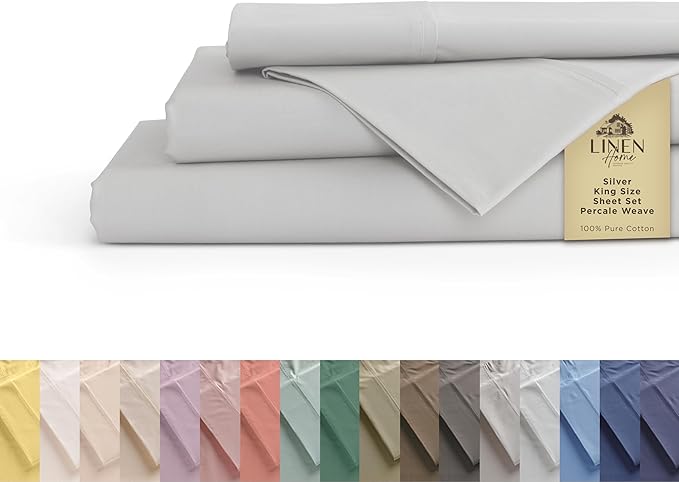 Linen Home 100% Cotton Percale Sheets King Size, Silver, Deep Pocket, 4 Pieces Set - 1 Flat, 1 Deep Pocket Fitted Sheet and 2 Pillowcases, Crisp Cool and Strong Bed Linen