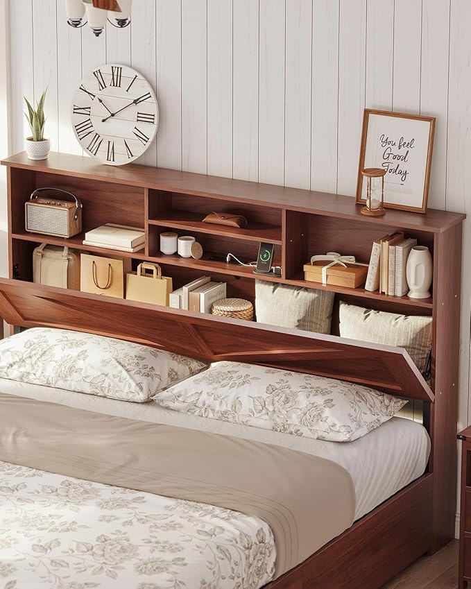 AOGLLATI Farmhouse Queen Bed Frame with 4 Storage Drawers and Led Lights, Wooden Bed Frame Queen Size with Hidden Space Bookcase Headboard and Led Lights & Metal Slats, Mahogany