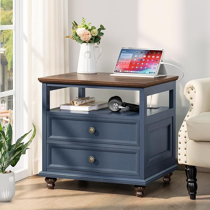 Farmhouse Nightstand Set of 2 with Charging Station, 24" Wide End Table with 2 Drawers,Wood Dresser for Bedroom,Bed Side Table Chest of Drawers Cabinet,Navy BlueNight Stand for Living Room