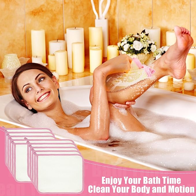 Tatuo 10 Count Popup Closed Exfoliating Wash Cloths for Body and Face Facial Bath Scrub Soft Weave Loofah Towel Exfoliate Bath Towel Remove Dead Skin Wash Cloth for Women Man (Pink Edge)