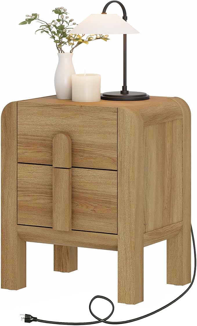 WAMPAT 23.7" Tall Modern Nightstand with Charging Station,Wood Bedside Table w/2 Storage Drawers,Curved Profile Design,Sofa Side Table End Table for Bedroom, Light Walnut