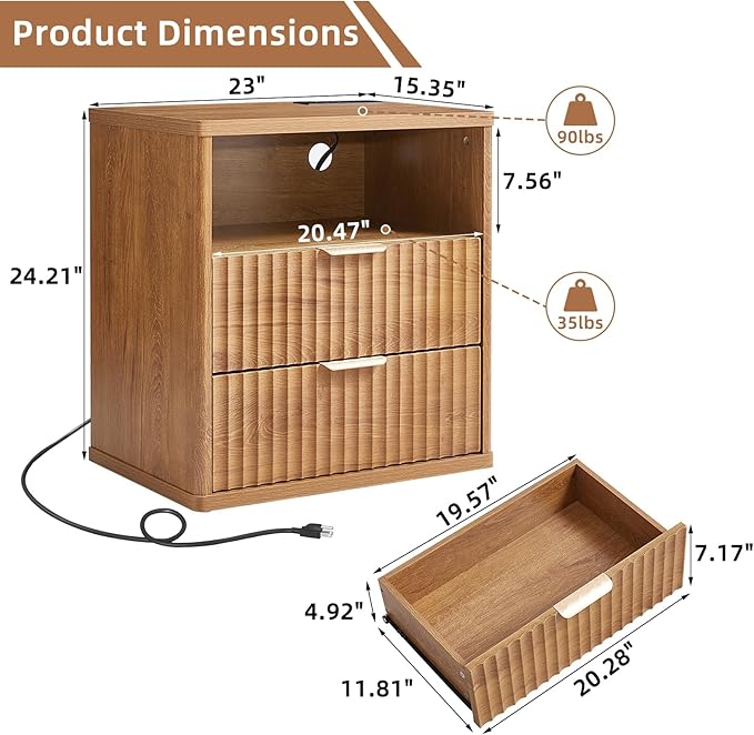 LEYAOYAO Fluted Farmhouse Nightstand Set of 2 with Charging Station, 23" Wide 2 Drawers End Table,Brown Dresser for Bedroom,Bed Side Table Chest of Drawers Cabinet,Wood Night Stand for Living Room