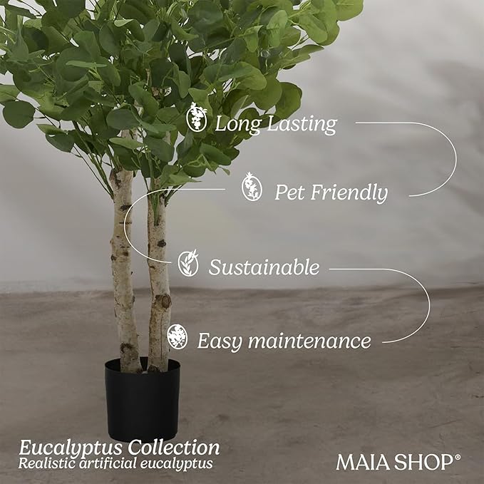 Maia Shop 5ft Artificial Eucalyptus Tree Plant for House, Apartment or Office – Realistic Fake Indoor Plants for Living Room, Kitchen, Bedroom, Entryway or Bathroom – Faux Greenery for Home Décor