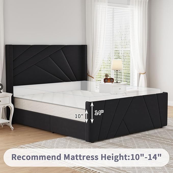 BarnFurin Queen Size Bed Frame, Velvet Upholstered Platform Bed with Geometric Tufted Headboard & Footboard, Wingback Design, Mattress Foundation with Wooden Slats, Black