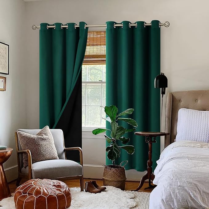 BGment Thermal Insulated 100% Blackout Curtains for Bedroom with Black Liner, Double Layer Full Room Darkening Noise Reducing Grommet Curtain (52 x 84 Inch, Emerald, 2 Panels)