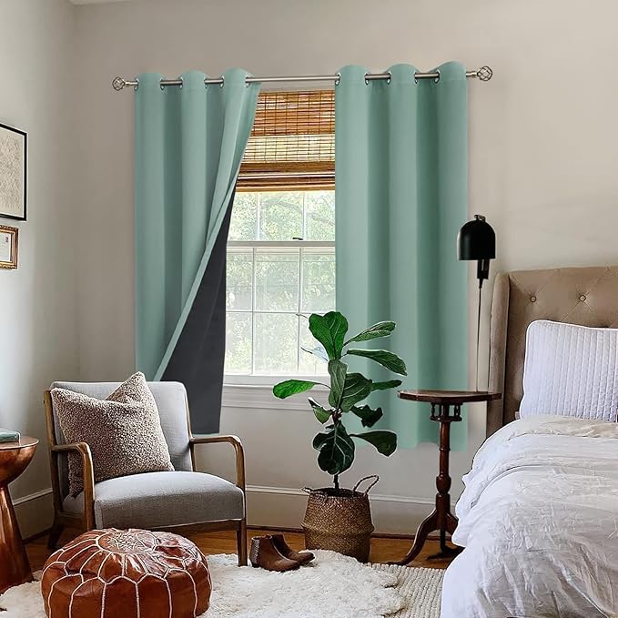 BGment Thermal Insulated 100% Blackout Curtains for Bedroom with Black Liner, Double Layer Full Room Darkening Noise Reducing Grommet Curtain (42 x 63 Inch, Frosty Green, 2 Panels)