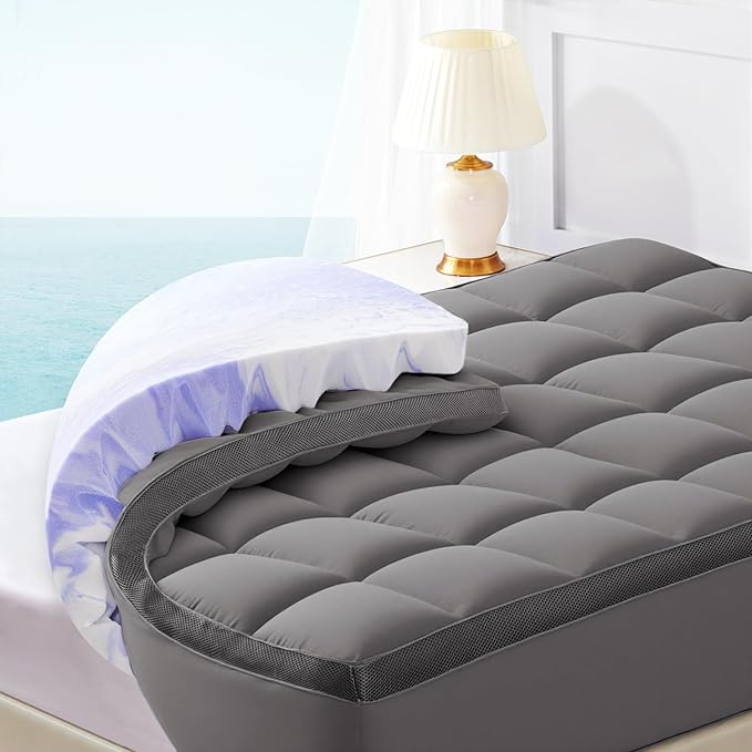 Dual Layer 4 Inch Memory Foam Mattress Topper Queen - 2 Inch Gel Memory Foam and 2 Inch Pillow Top Mattress Pad, 7-Zone Egg Crate Queen Size Mattress Topper (Grey)