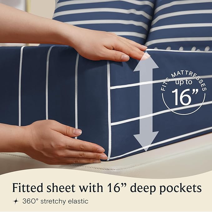 LuxClub 3 PC Twin Sheet Set, Deep Pockets Wrinkle Free Cooling Bed Sheets Hotel Bedding for Women, Men, Kids & Teens, Includes 1 Fitted Sheet, 1 Flat Sheet and 1 Pillowcase-Striped - Navy