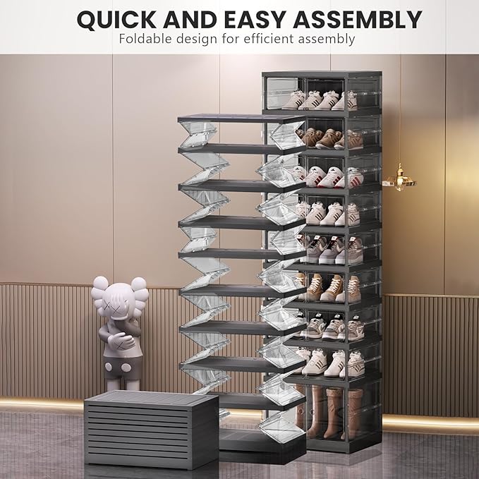 Shoe Rack Organizer for Closet Entryway Foldable Sneaker Storage Shoe, Collapsible Shoe Cabinet, Stackable Shoe Storage Cabinet with Lids for Living Room (9 Tiers -18 Pairs Transparent Black)