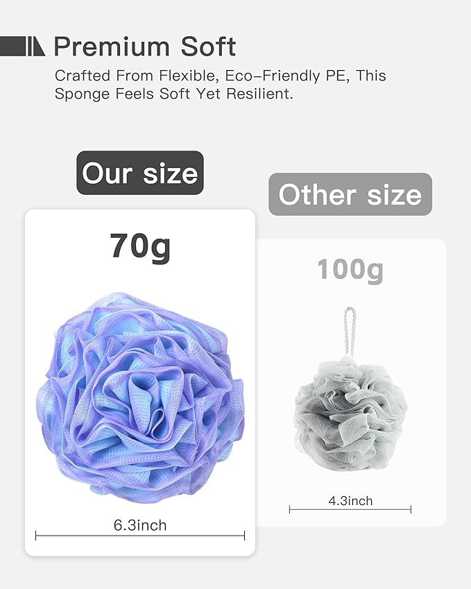 Large Bath Sponge Pouf 70g, 6.3 Inch Exfoliating Shower Loofah, Soft Durable PE Mesh with Reinforced Knotting, Rich Lather Body Wash Scrubber, 4-Pack Elegant Colors Gift Set（A-4Pcak）