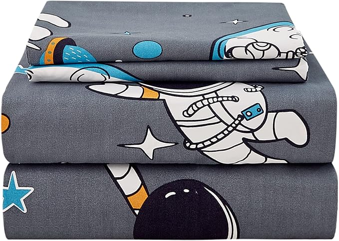 JSD Grey Astronaut Kids Sheet Set Twin Size, 3 Piece Boys Space Adventure Printed Microfiber Sheets Deep Pocket