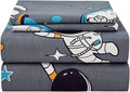 JSD Grey Astronaut Kids Sheet Set Full Size, 4 Piece Boys Space Adventure Printed Microfiber Sheets Deep Pocket